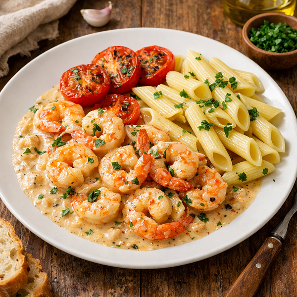 Scampi’s in roomsaus met gegrilde tomaten