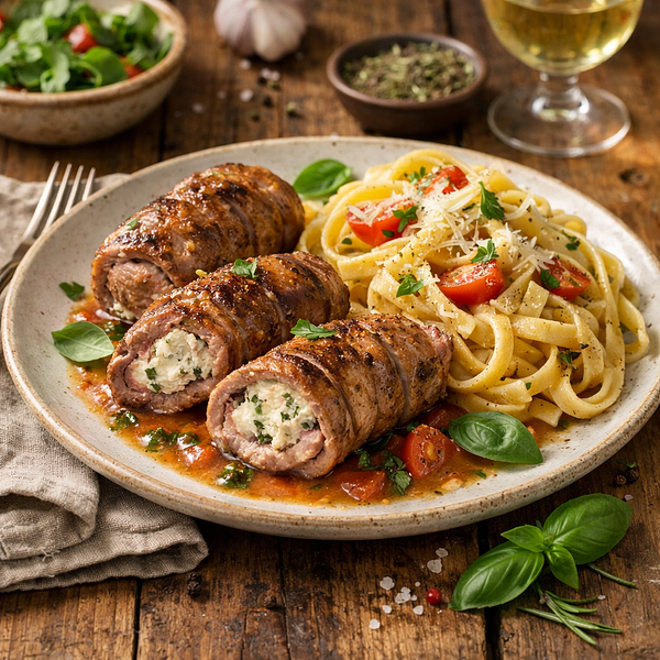 Gevulde kalfslapjes met pasta
