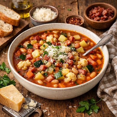 Minestrone met pancetta en parmezaan