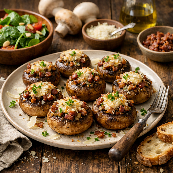 Gevulde champignons met pancetta en parmezaan