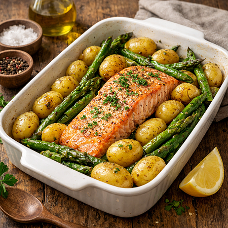 Zalm in de oven met krieltjes en groene asperges