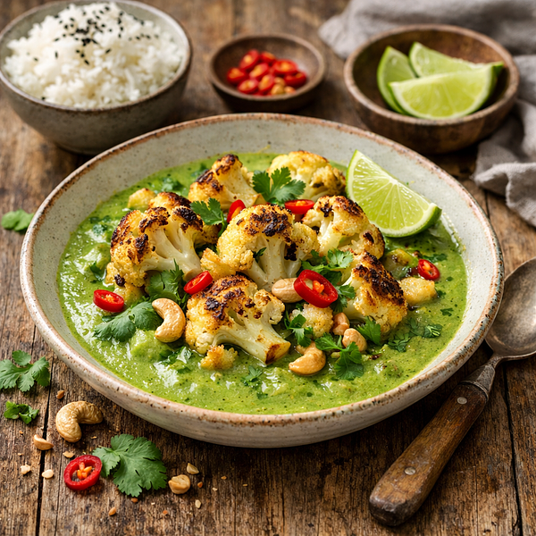 Geroosterde bloemkool in groene currysaus
