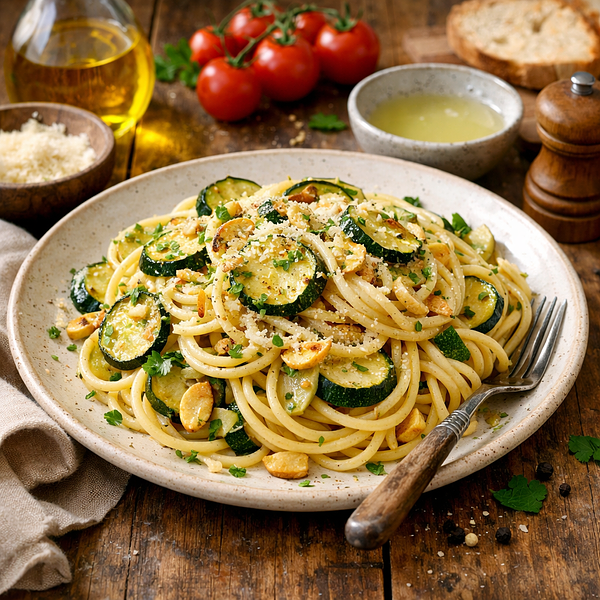 Spaghetti Carbonara met courgette en knoflook